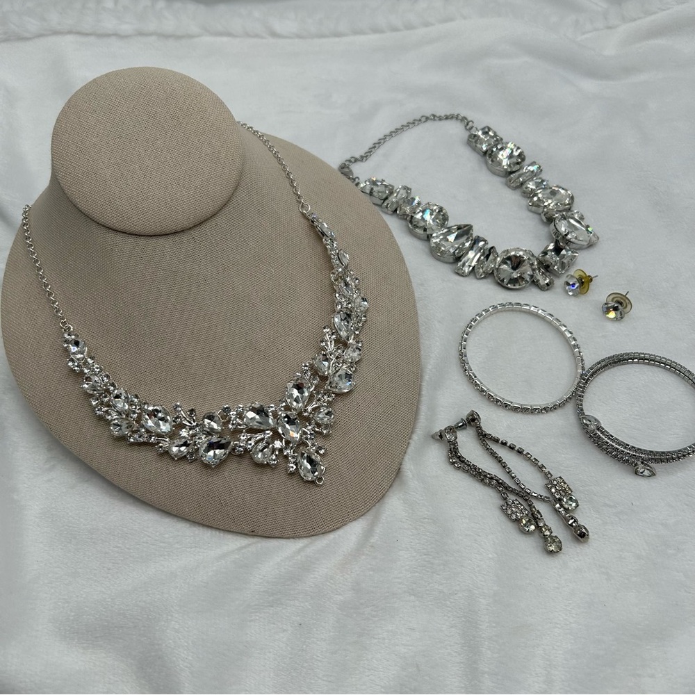 Bold Blingy Sparkly Rhinestone Necklace Bracelet Earring Lot Statement Formal